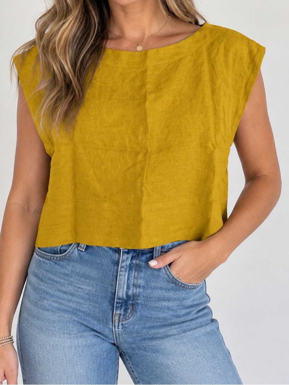 Unbranded Womens Linen Yellow Boxy Boat Neckline Top Blouse, Size Medium